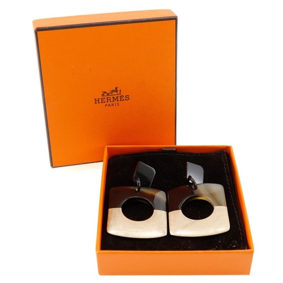 HERMÈS Bicolor Buffalo Horn Earrings Brown/Gold 14.0g Dalva - Picture 8 of 8